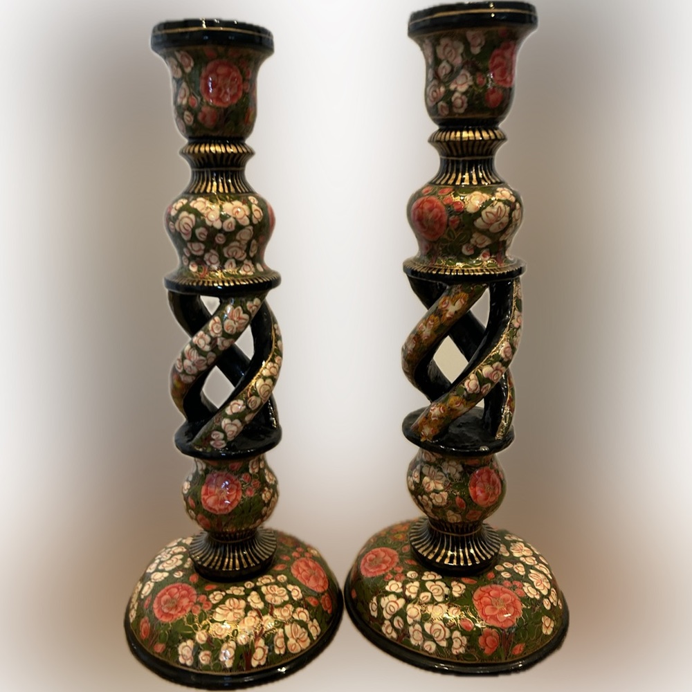 Kashmiri papier mache lacquer hand-painted candlestick pair floral+gold accents